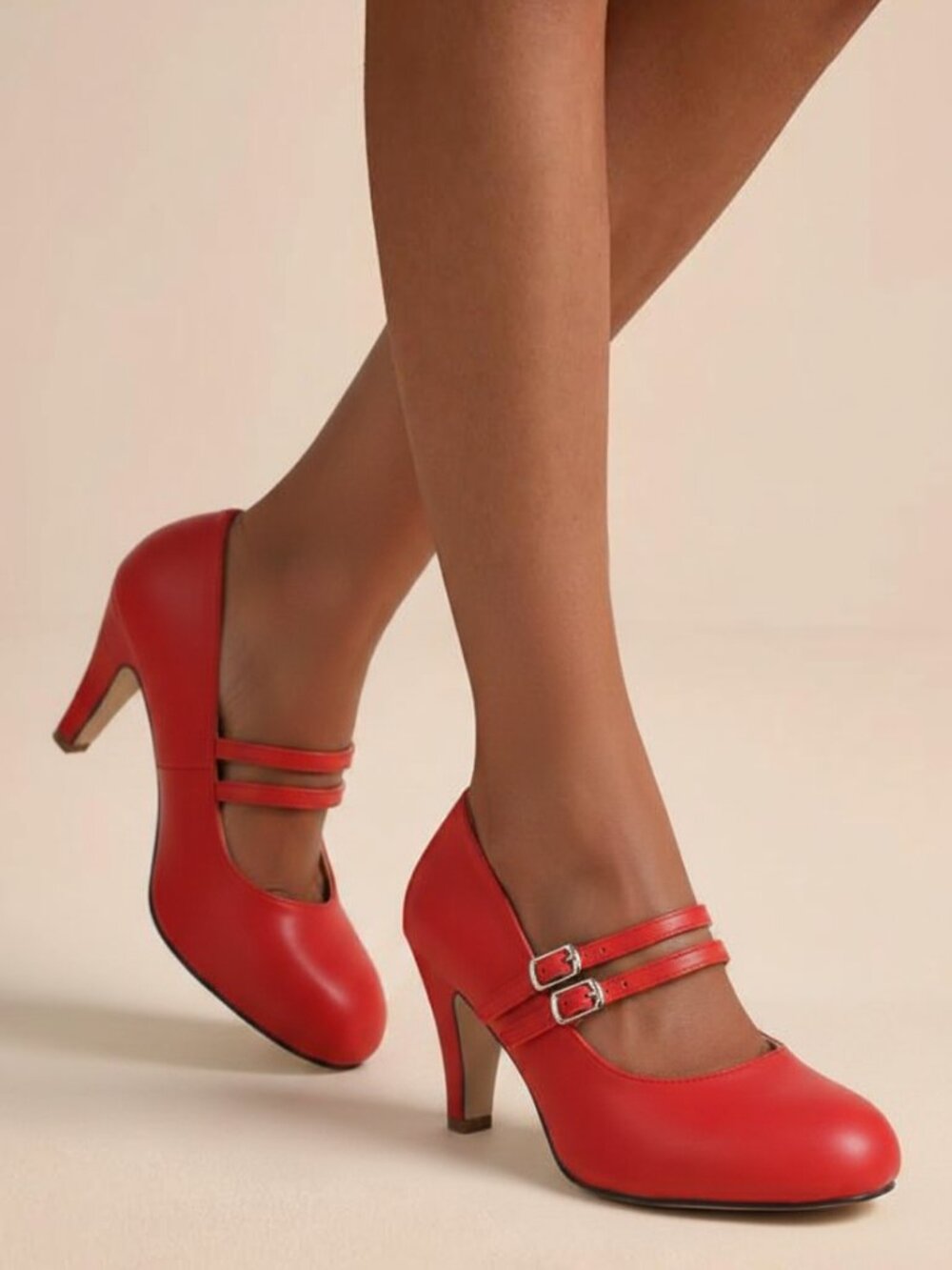 Women’s Double Strap Mary Jane Heels – Retro Round Toe Pumps